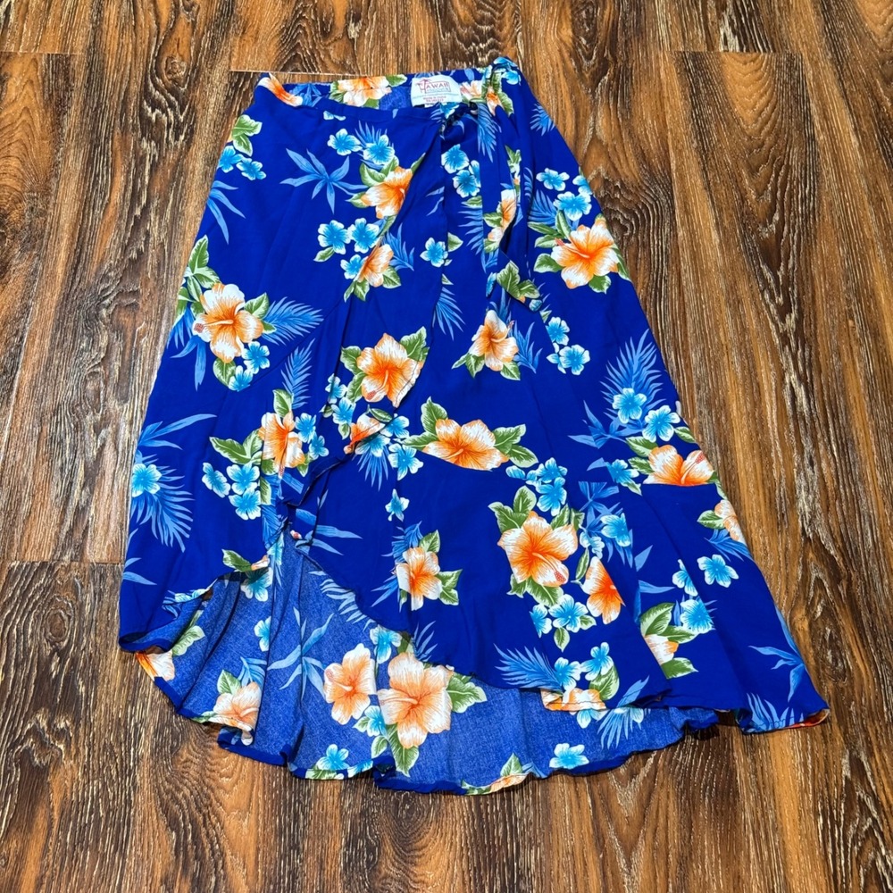 Hawaii Hangover Womens Blue Tropical Floral Hibiscus Ruffle Wrap Skirt Size S